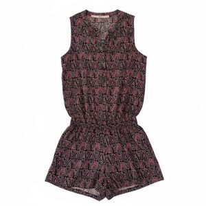 Gibson Geometric Print Sleeveless Romper Womens XS | Black Red Smocked Waist